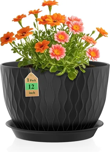 WSMKSZ Macetas Grandes de 12 Pulgadas para Plantas de Interior o Exterior, Macetas de Flores con Amplias Ondas de Agua, con Agujeros de Drenaje y