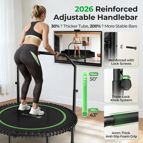 Miniatura 5 de BCAN BT2 - Mini trampolín de rebote de 450/550 libras para adultos con barra, trampolín de fitness con cuerdas elásticas, mango ajustable, estable