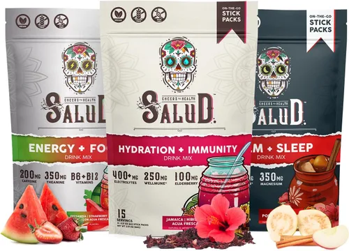 Salud Variety Paquete de 3 | Hidratación 2 en 1 + Inmunidad (Hibisco), Energía + Enfoque (sandía fresa) y calma + sueño (almuerzo) – 15 porciones