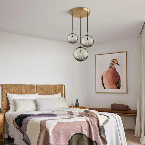 Miniatura 6 de Lámpara colgante de KCO Lighting Moderna de Oro con 3 Luces, Clúster de Globo de Vidrio Ahumado Grande, Lámpara de Araña de Latón Cepillo para Isla