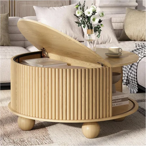 Miniatura 19 de SULIVES Mesa auxiliar ovalada con almacenamiento, mesa de centro multifuncional con tambor elevable, pequeña mesa central acanalada para sala