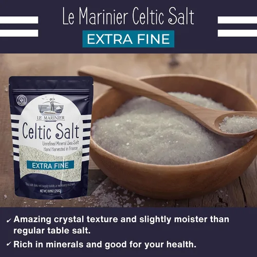 Miniatura 5 de Le Marinier Sal marina francesa extra fina, 8.81 onzas – 0.6 libras. Sal celta orgánica, 100% natural, rica en minerales, sin refinar, cosechada a