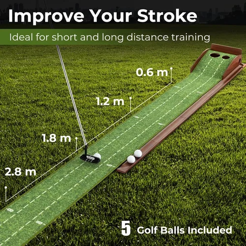 Miniatura 2 de Alfombrilla de golf para interiores con putter y 5 bolas, juego de devolución automática de bolas, terciopelo mate para el hogar, oficina, patio