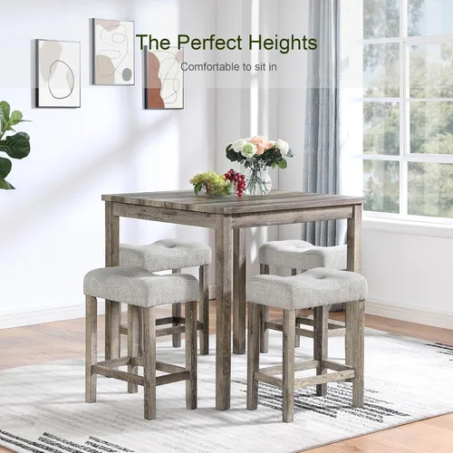 Miniatura 5 de Juego de mesa de desayuno de 34'' marrón cuadrado, juego de mesa de comedor de madera maciza con 4 sillas marrones para sala de estar, comedor, salón
