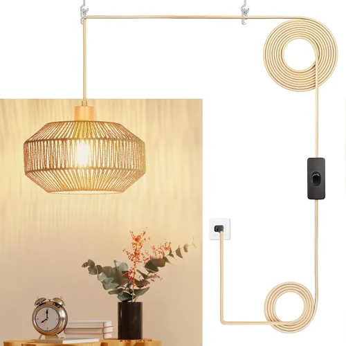 Miniatura 15 de Lámpara Colgante Enchufable de Ratán, Luces Colgantes Boho con Sombra Tejida de Papel y Tela 2 en 1, Bombilla Regulable de 3 Vías Incluida, Lámpara