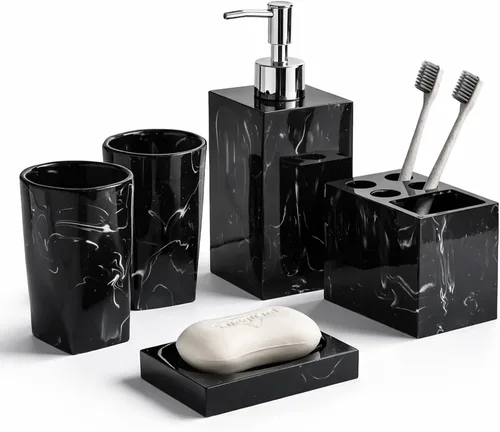 Juego de accesorios para encimera de baño de 5 piezas, dispensador para jabón líquido o loción, jabonera, soporte para cepillos de dientes y 2