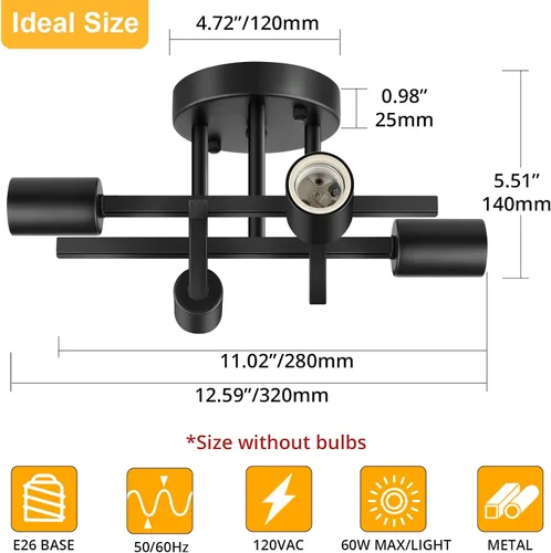 Miniatura 2 de SunRider Lámpara de Techo Industrial Semiempotrada de 4 Luces, Luces de Casa de Campo Moderna Negro Mate, Candelabro Rústico Sputnik para Dormitorio