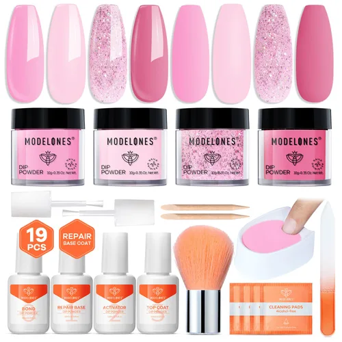 Miniatura 9 de Modelones - Kit de polvo de inmersión para uñas, 4 colores transparente, nude, blanco, rosa, set de iniciación con líquido y accesorios completos