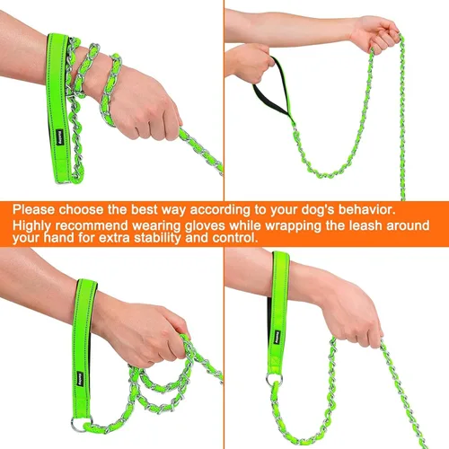 Miniatura 4 de HOMIMP Correa de perro a prueba de masticación para perros medianos y grandes, correas de cadena metálica reflectantes de 6 pies resistentes
