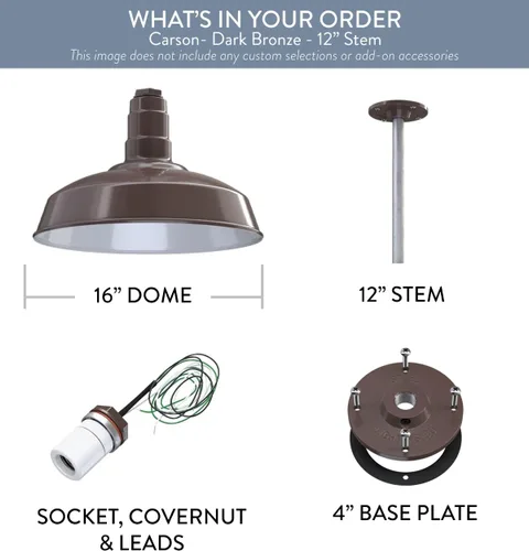 Miniatura 9 de Steel Lighting Co. Carson Barn Light Colgante montado en el techo Cúpula de 16 pulgadas vástago de 12 pulgadas Luz de acero de estilo Bronce