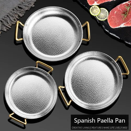 Miniatura 7 de RSBFER Paella española, 304 de acero inoxidable martillado a mano, antiadherente, mariscos con doble asa para hogares o restaurantes, plata, 10.2 in