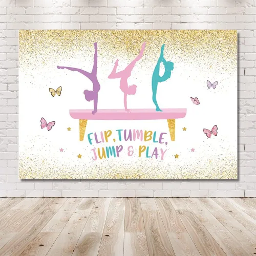 Miniatura 6 de MEHOFOND Telón de fondo de gimnasia de cumpleaños para niñas, gimnastas, volteador, saltar y jugar, suministros de decoración de fiesta, fondo