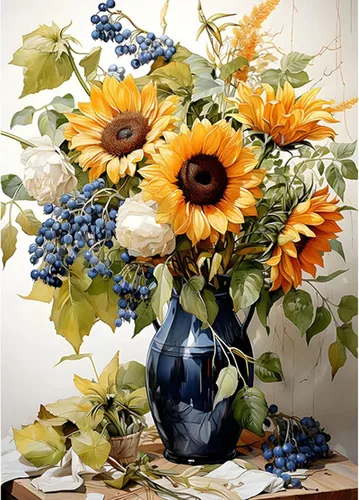 SENQAO Kits de arte de diamantes de girasoles para adultos, pinturas de puntos de diamante de perforación completa para principiantes, pintura