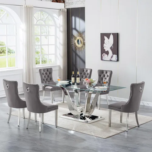 Miniatura 44 de Mesa de comedor moderna de vidrio de 70 pulgadas para 6-8, mesa de comedor de cristal dorado de lujo con base de acero inoxidable en forma de flores