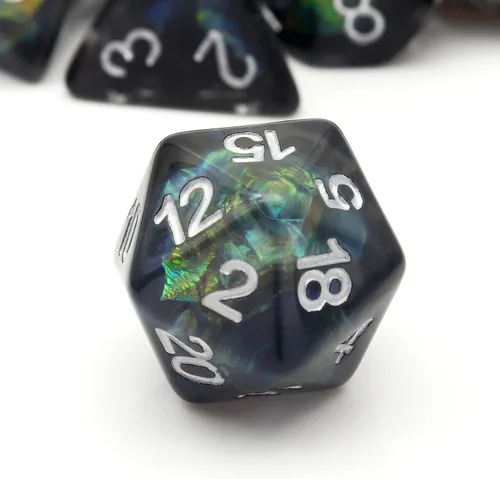 Miniatura 3 de Haxtec DND Conjunto de Dados 7 Piezas Conjunto de Dados de Resina Negro con Inclusión de Mylar Iridiscente Dados Poliédricos D&D