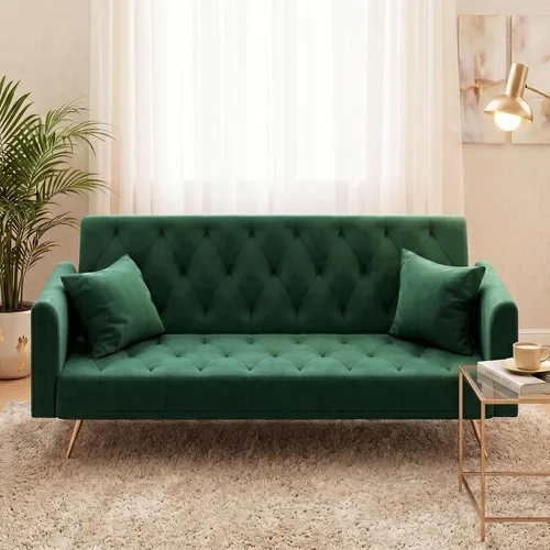 Miniatura 16 de Anwick - Sofá cama futón de terciopelo moderno con 2 almohadas, sofá cama convertible 2 en 1, sofá biplaza reclinable plegable con patas de metal
