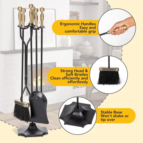 Miniatura 4 de nalone Juego de 5 herramientas para chimenea, asas de latón, accesorios de chimenea de hierro forjado con póquer, pinzas, pala, cepillo