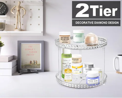 Miniatura 2 de Organizador de baño Lazy Susan de 2 niveles, organizador de maquillaje cosmético giratorio transparente de 360 grados para tocador, organizador