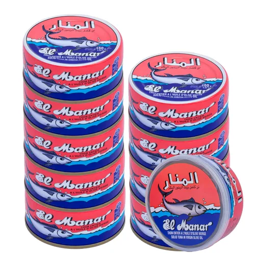 Atún sólido en aceite de oliva virgen, atún enlatado en aceite de oliva tunecino prensado en frío de El Manar - Paquete de 10 latas de 5.64 oz