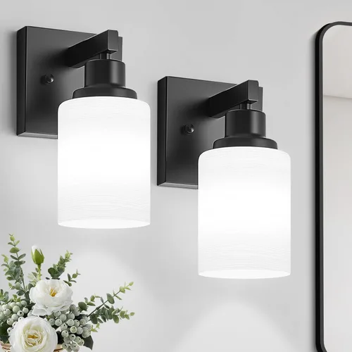 Juego de 2 apliques de pared para baño, 1 luz negra, apliques de pared modernos para interiores con pantallas de vidrio blanco, lámpara de pared de