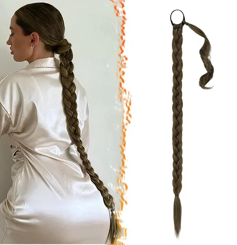 Miniatura 48 de Barsdar Extensión de 26 Pulgadas de Cola de Caballo Trenzada Larga con Banda Elástica - Extensiones de Cabello en Cola de Caballo Recta y Elegante