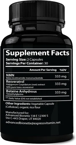 Miniatura 6 de Advanced Bionetix Cápsulas NMN Resveratrol Betaína (TMG) – NAD+ refuerzo de apoyo para energía celular, longevidad, salud metabólica vitalidad