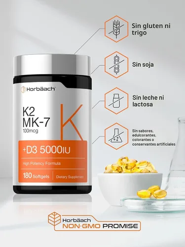 Miniatura 5 de Horbäach Vitamina D3 K2 5000 UI Complejo de 100 mcg MK-7 180 Cápsulas Blandas Suplemento sin OMG y sin gluten