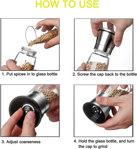 Miniatura 4 de Juego de 2 molinillos de sal y pimienta, acero inoxidable de alta calidad con grosor ajustable, cuchillas de cerámica, cuerpo de vidrio recargable