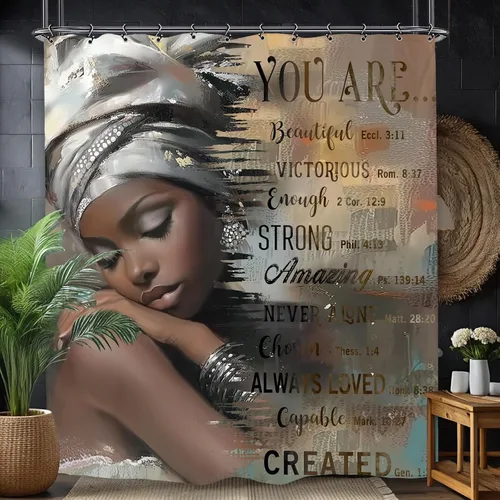 Cortina de ducha inspiradora afroamericana de 60 pulgadas de ancho por 71 pulgadas de alto, con citas motivacionales positivas de la Biblia, tela de