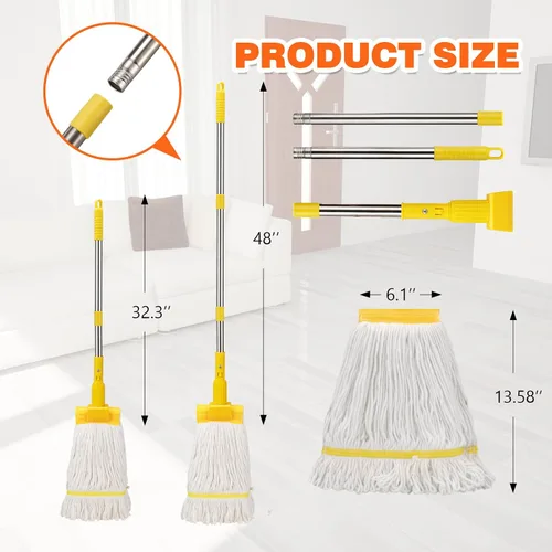 Miniatura 3 de Trapeador industrial profesional de alta resistencia con mango de 48 pulgadas de largo, mopas comerciales húmedas de algodón para limpieza de pisos
