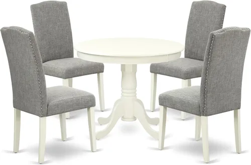 Miniatura 14 de East West Furniture ANEN3-LWH-06 - Juego de mesa de cocina de 3 piezas contiene una mesa de comedor redonda con pedestal y 2 sillas de comedor