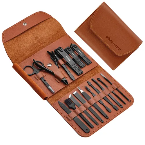 Miniatura 3 de FAMILIFE Juego de manicura, kit de uñas 11 en 1, kit de pedicura de acero inoxidable para hombre, kit de manicura de cuero y regalos para hombres