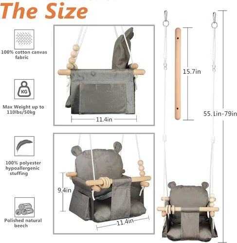 Miniatura 6 de Asiento de columpio colgante para bebé, silla de juguete de lona para niños pequeños con 2 bolsillos laterales para juegos en interiores, deportes