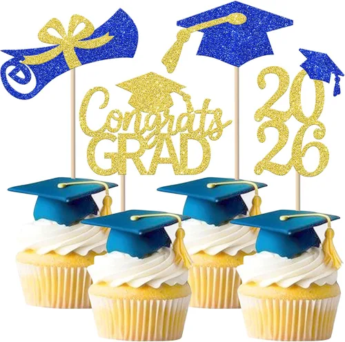 Miniatura 30 de Rsstarxi Paquete de 24 adornos para cupcakes de graduación 2026, con purpurina azul, para la clase de 2026, para diplomas, 24 piezas (6 diseños)