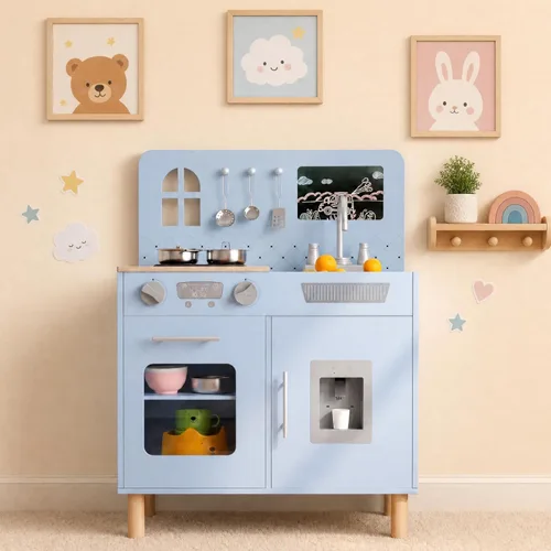 Miniatura 12 de Arlopu Juego de cocina de madera para niños con pizarra, luces y sonidos realistas, cocina interactiva con estufa, dispensador de agua, 6 utensilios