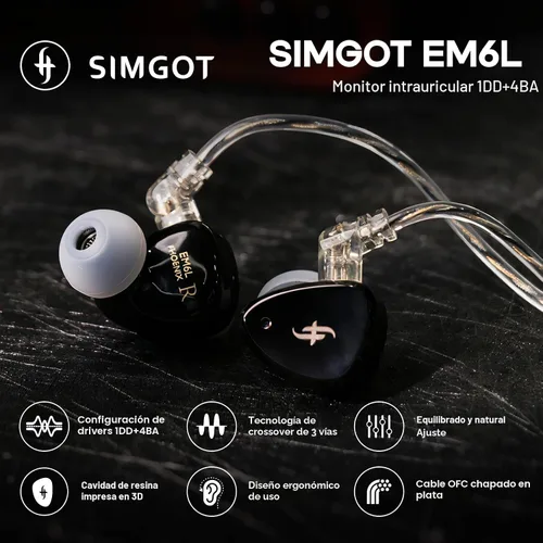Miniatura 2 de Linsoul SIMGOT EM6L - Audífonos intraurales híbridos de monitor de 1DD + 4BA, auriculares para juegos, audífonos IEM HiFi con carcasa de resina