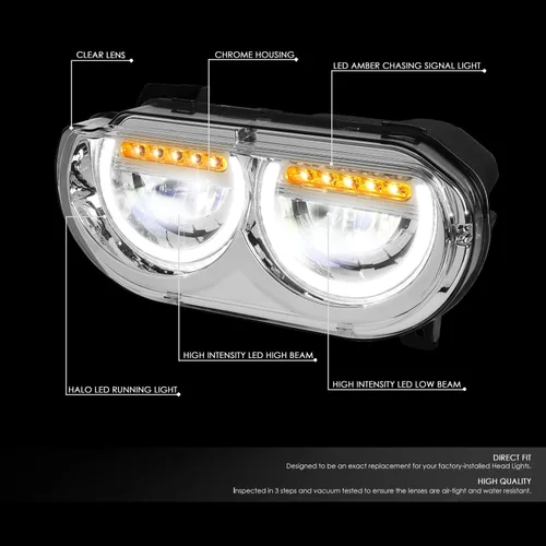 Miniatura 2 de DNA MOTORING HL-HAY-020-CH Par de faros de halo completos con señal de giro secuencial LED, medio anillo, compatible con modelos 08-14 Dodge