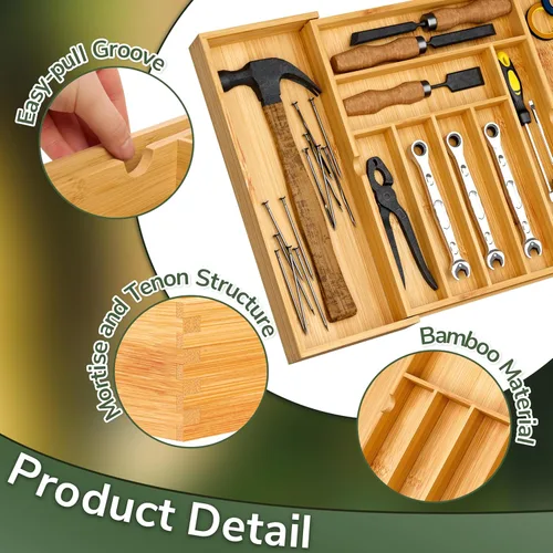 Miniatura 3 de BAMEOS Organizadores de cajones de bambú para cubiertos, organizador de cajones de utensilios de 11.9 pulgadas para cajones de cocina, organizador
