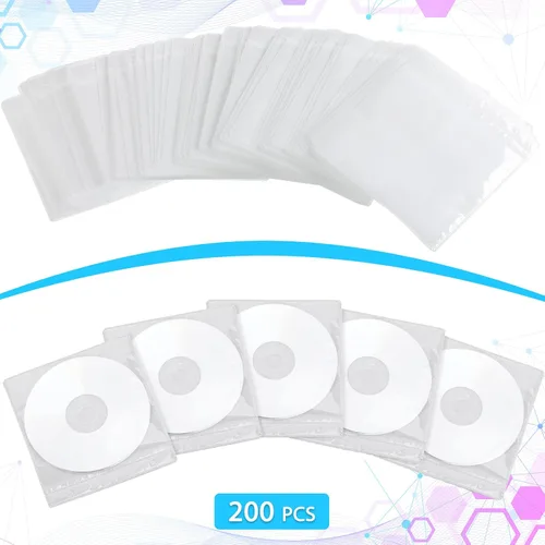 Miniatura 4 de Harloon 200 fundas de CD y DVD, sobres a granel de doble cara de repuesto de plástico para carpetas de almacenamiento en blanco, transparentes