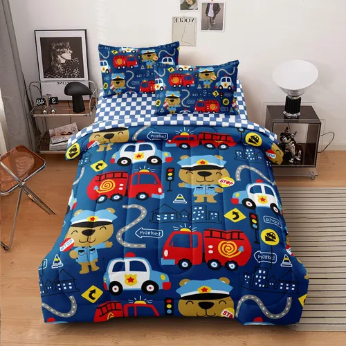 Miniatura 3 de Juego de edredón de carro de policía para niños pequeños, juego de ropa de cama de camión de bomberos y carro de policía, colección de ropa de cama