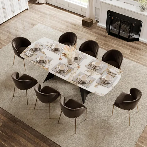 Miniatura 13 de Mesa de comedor extensible con extensión, 65"-95" piedra sinterizada rectangular, superficie con aspecto de mármol, para 6-12 personas, base