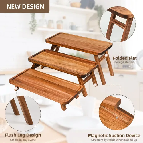 Miniatura 4 de GEHE Bandeja de servir de 3 niveles, bandeja escalonada de madera de acacia plegable, juego de exhibición de mesa de postre, decorada para tablas