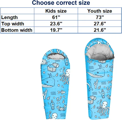 Miniatura 6 de KidzAdventure Mummy Style 32 – 59F Saco de Dormir para Niños con Funda de Almohada, 4 Estaciones, Ligero y Estilo Mochilero, Ideal para Acampar