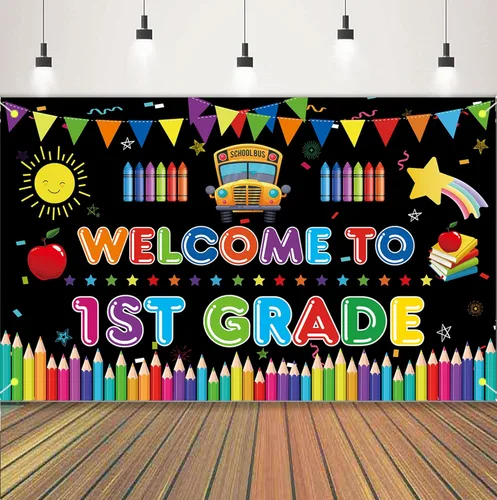 Cartel de bienvenida al primer grado, telón de fondo grande para decoración del primer día de escuela, bienvenido a la escuela, primer día de jardín