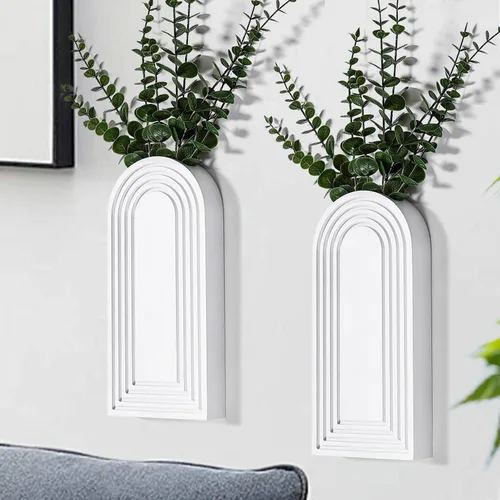 Dnnnii Juego de 2 jarrones de pared de madera, acabado blanco, decoración de pared moderna de granja y bohemio para entrada, pasillo, baño, sala de