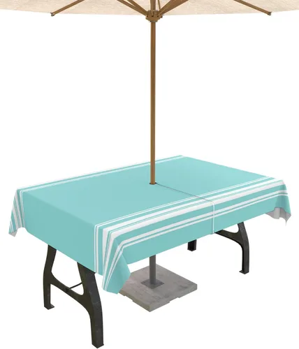 Miniatura 11 de QueenKer Mantel para exteriores con agujero para paraguas, líneas minimalistas, hojas, flores, mesas rectangulares azules, colección de mesa