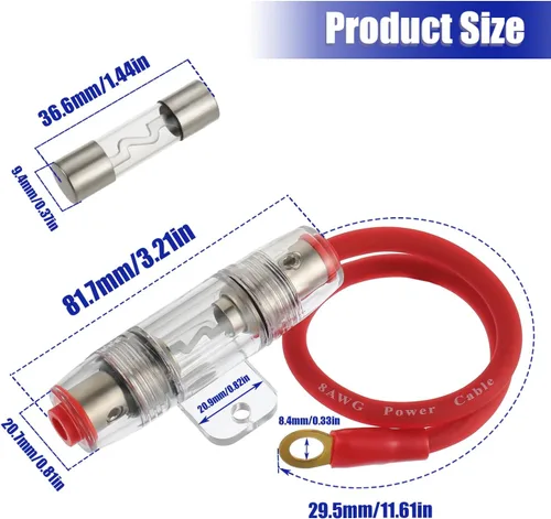Miniatura 2 de BOJACK Cable de alimentación AWG calibre 8 de 1 pie con soporte de fusible AGU de 80 amperios para audio de automóvil, alarma, amplificador
