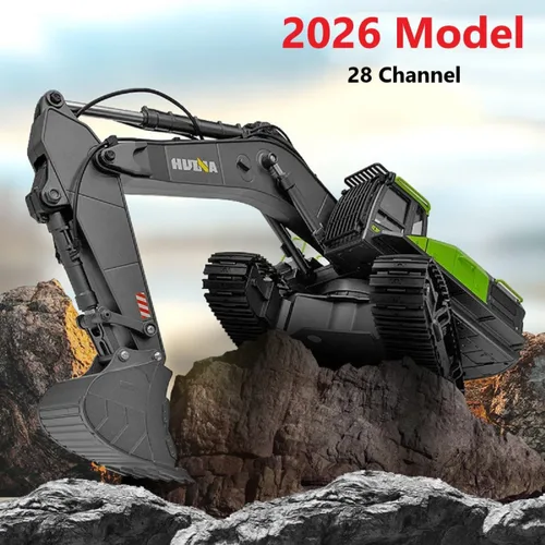 Miniatura 3 de Excavadora RC para adultos Huina 1593 Totalmente funcional Juguete 1:14 28 canales Control remoto Camión Construcción Vehículo Cubo Metal Luces LED