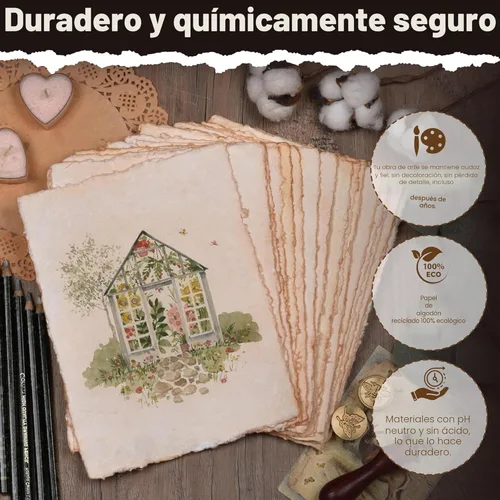 Miniatura 4 de LEATHER VILLAGE Papel de acuarela - 15 x 10 cm, 50 hojas - Papel de acuarela para medios mixtos - Papel de algodón virgen hecho a mano con borde