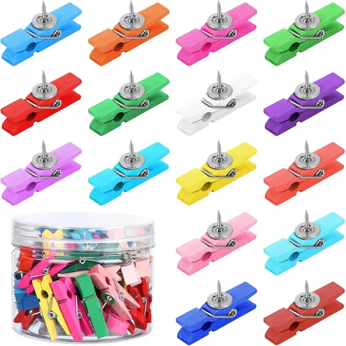 Miniatura 11 de SANNIX 100 clips de madera con tachuelas para el pulgar para tablón de anuncios, decoraciones de tablero de corcho y escuela, oficina, manualidades